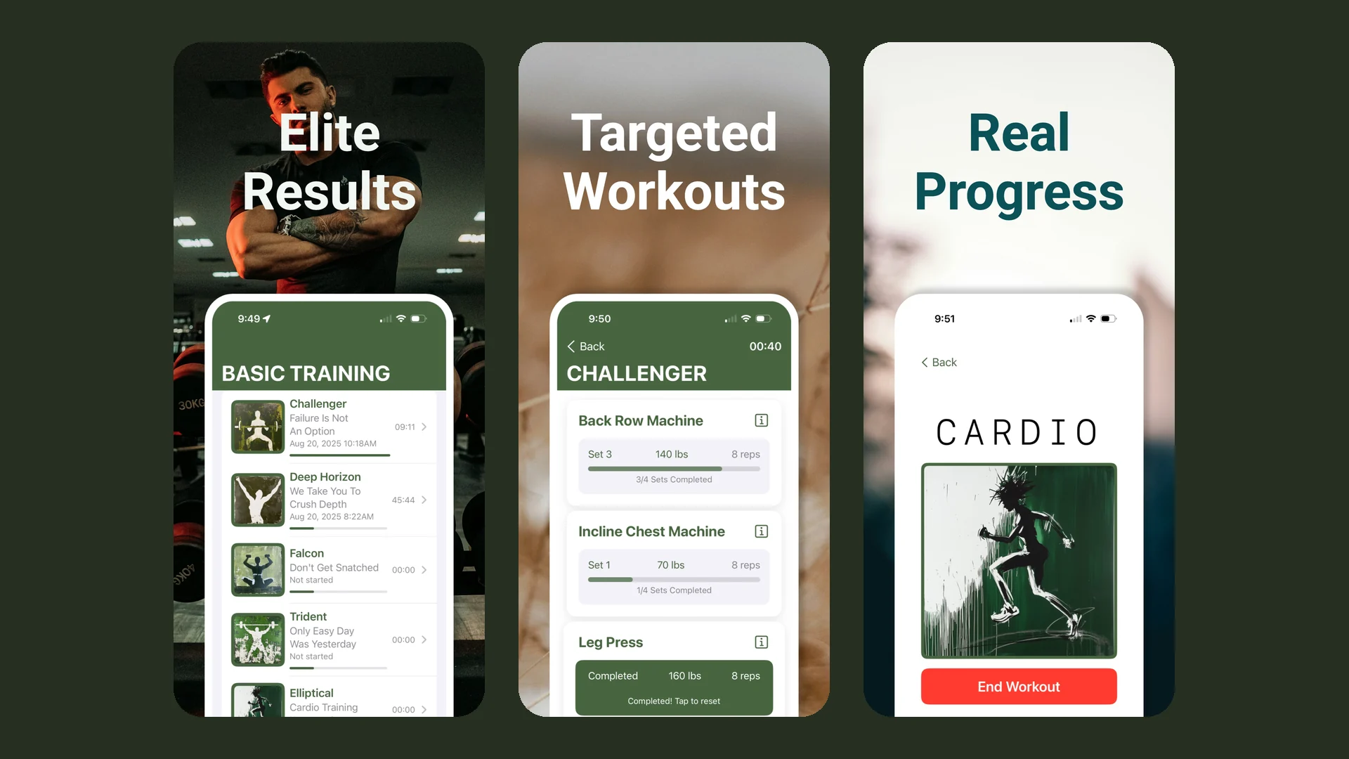 Three Basic Training Workout App Store screenshots: the program list, a Challenger workout with set and weight tracking, and a cardio session