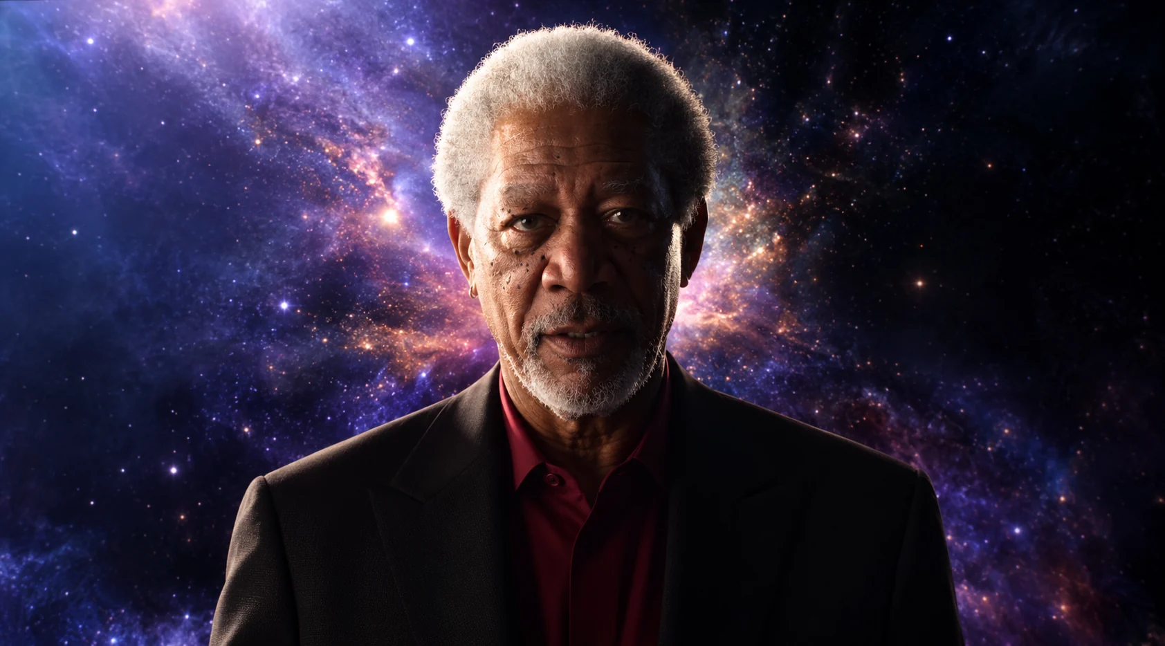Morgan Freeman lit against a deep-space nebula, with a soft rim light on his hair and shoulders, in a frame shot for Discovery Channel