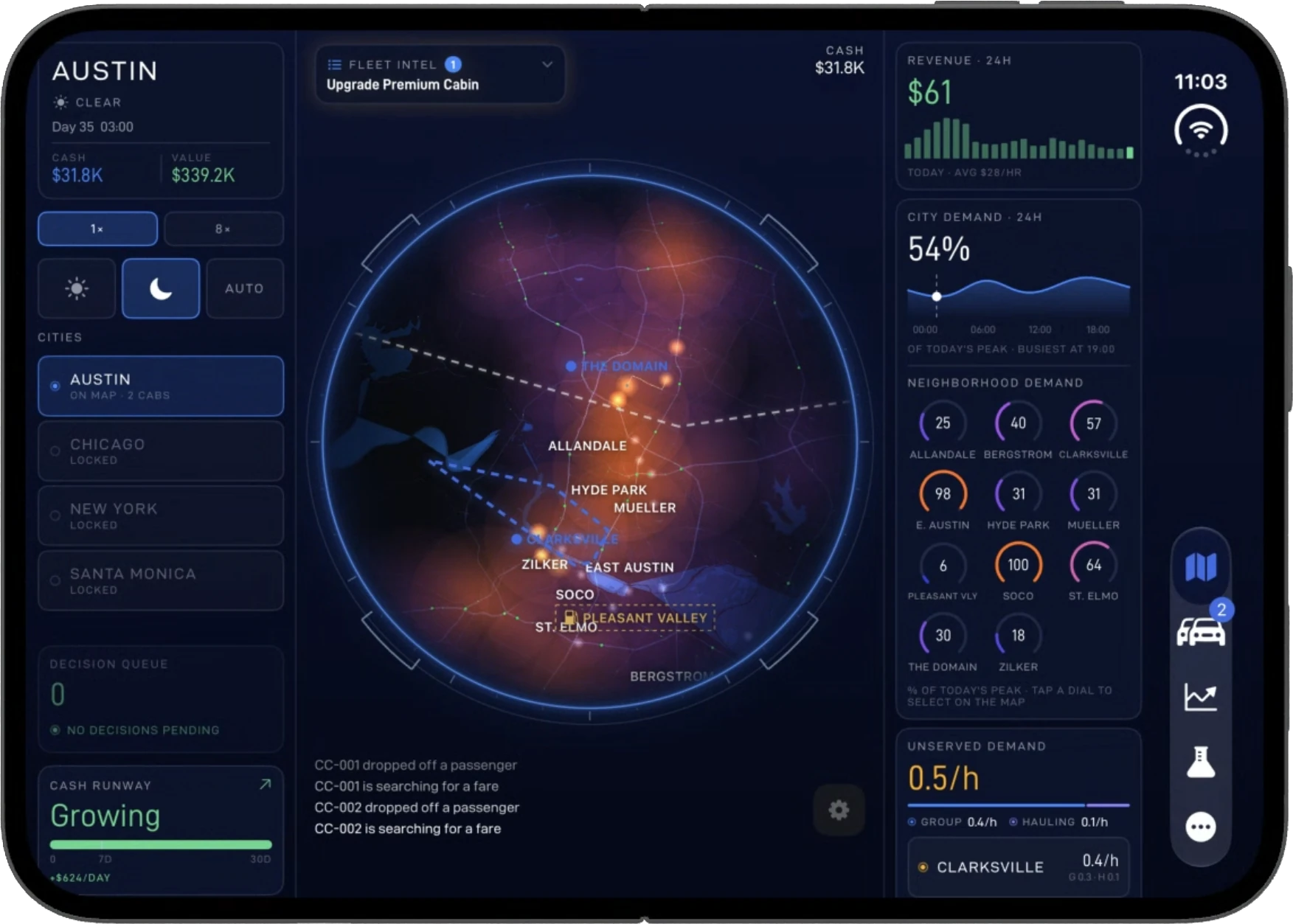 Cybercab Tycoon on a foldable iPhone: a glowing night map of Austin with fare heat zones, fleet routes, neighborhood demand dials and revenue for the day