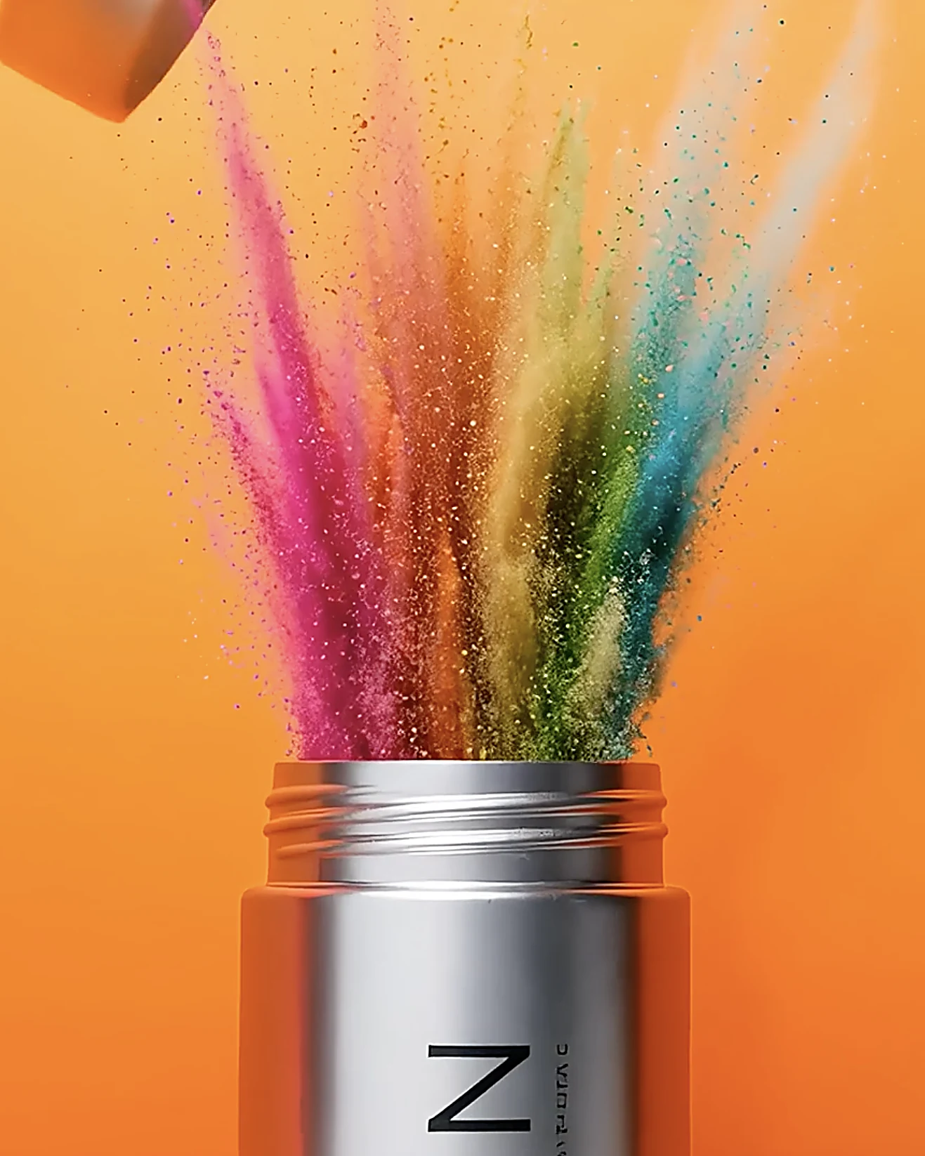 A burst of pink, orange, yellow, green and blue powder erupting from an open brushed-silver canister against a bright orange backdrop, its lid flying off at the top of frame