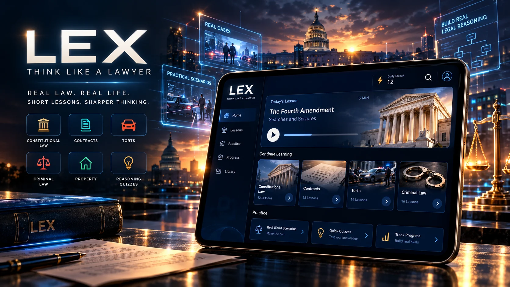 Lex key art: an iPad showing today’s Fourth Amendment lesson and topic cards, set against the Capitol at dusk with the Lex logo and course categories beside it