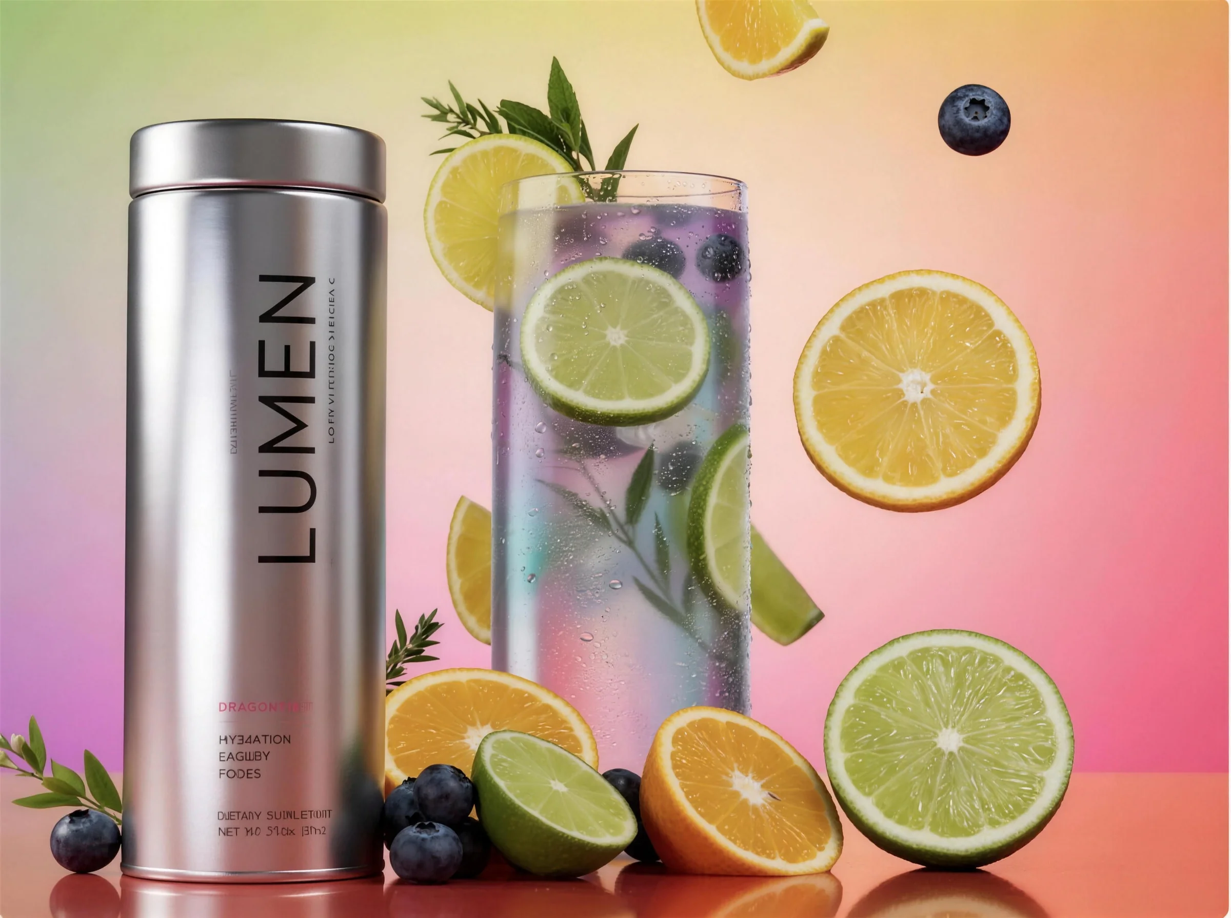 Lumen: a brushed-silver canister beside a sparkling glass of infused water, with citrus slices and blueberries floating against a warm pink-to-green gradient