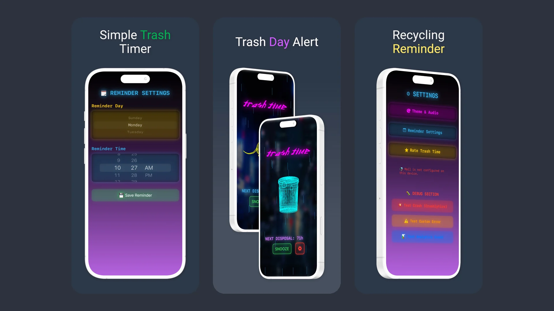 Three Trash Time App Store screenshots in a neon cyberpunk style: the reminder timer, a glowing trash-day alert and recycling reminder settings